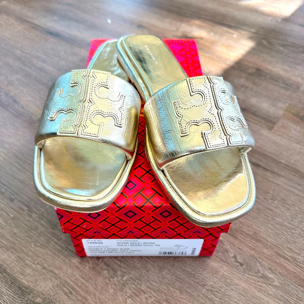 Women’s size 12 Tory Burch double T sport slides, spark gold, like new